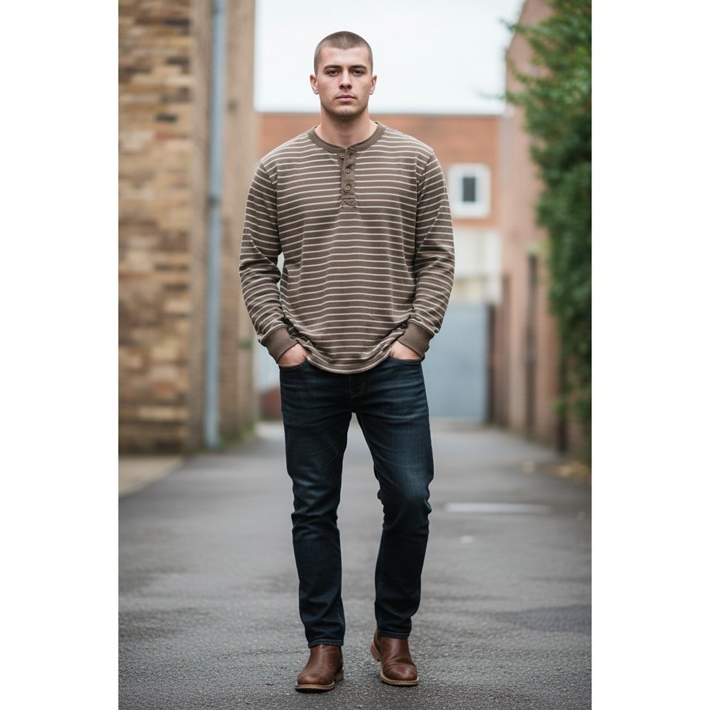 Eddie Bauer T-Shirt Men's Brown‎ XXL Cotton Striped Long Sleeve